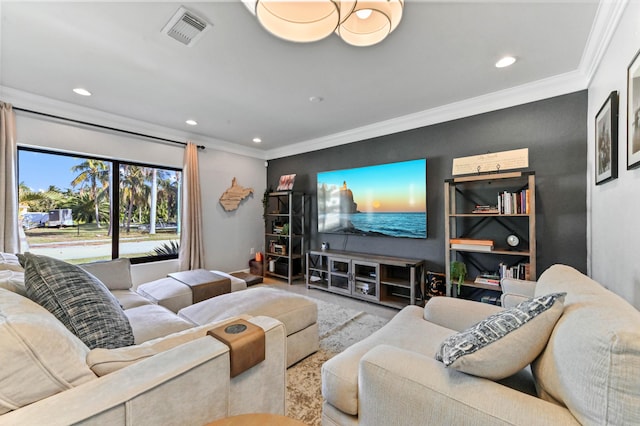 living room with ornamental molding