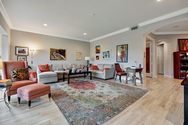 living room with crown molding