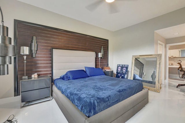 bedroom featuring ceiling fan and tile patterned flooring