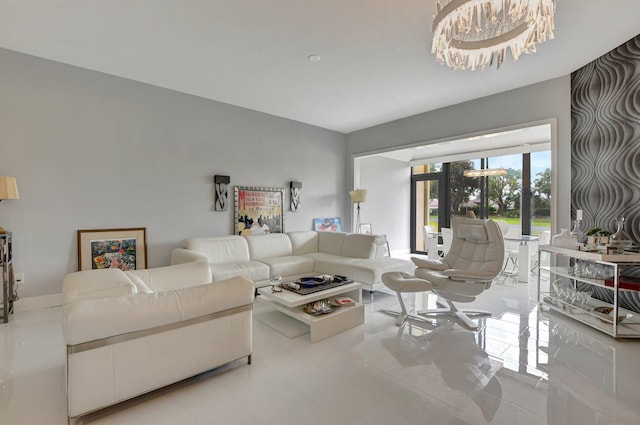 living room featuring french doors and an inviting chandelier