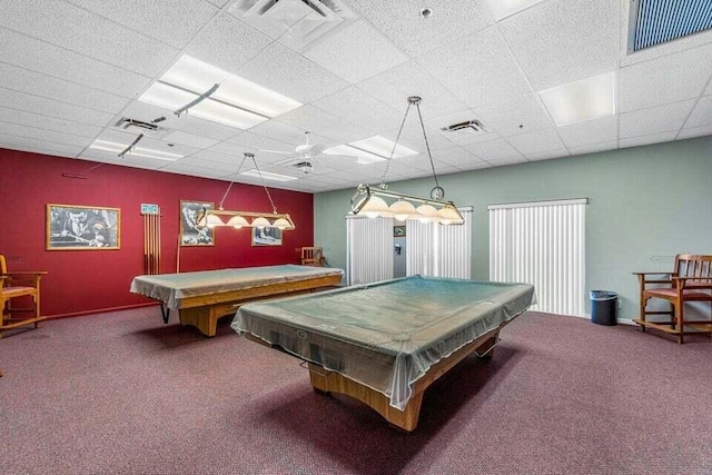 playroom featuring pool table, carpet flooring, and a drop ceiling