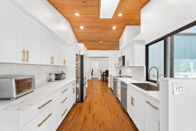 kitchen featuring sink, tasteful backsplash, white cabinetry, wooden ceiling, and appliances with stainless steel finishes