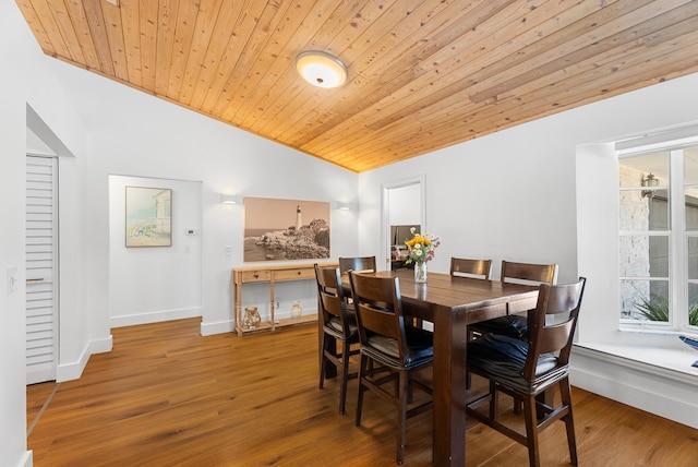 dining space with lofted ceiling, wood ceiling, and wood-type flooring