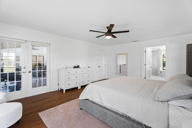 bedroom featuring french doors, dark wood-type flooring, ceiling fan, and ensuite bath