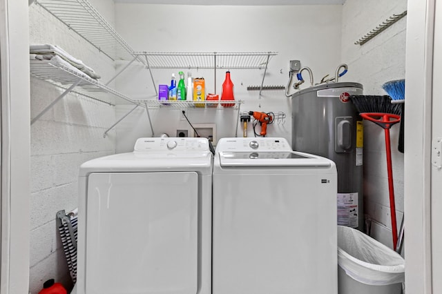 washroom featuring electric water heater and washer and clothes dryer