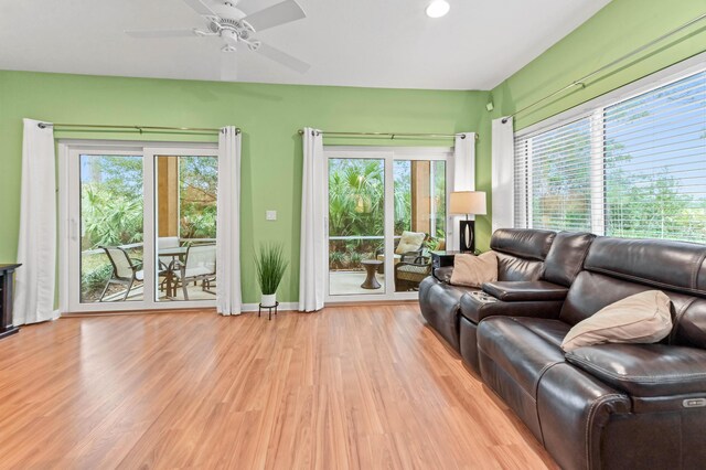 living room with light hardwood / wood-style floors and ceiling fan