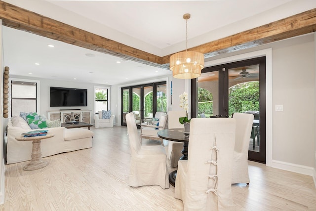 dining room with light wood-style floors, recessed lighting, baseboards, and french doors