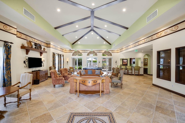 living room featuring french doors, high vaulted ceiling, and beamed ceiling