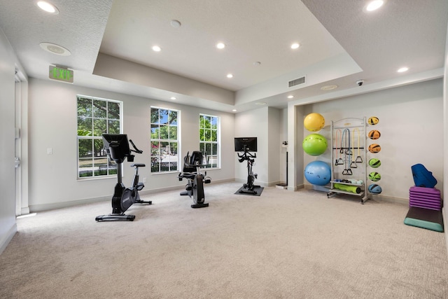 exercise room featuring a tray ceiling, light colored carpet, and a textured ceiling