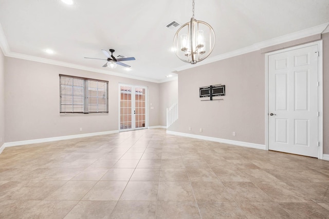 tiled empty room featuring ceiling fan with notable chandelier and ornamental molding