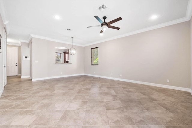 spare room with ceiling fan with notable chandelier and ornamental molding