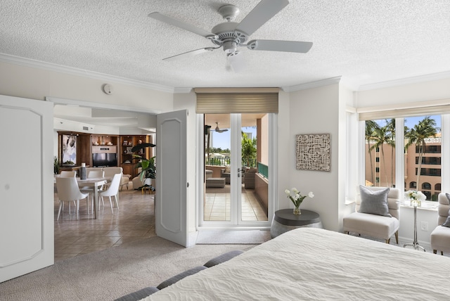 bedroom featuring multiple windows, ceiling fan, crown molding, and carpet