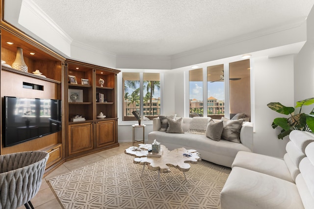 tiled living room with ornamental molding and a textured ceiling