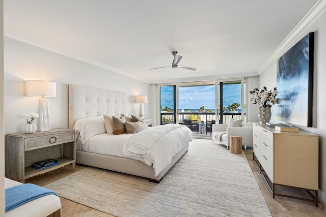 bedroom with access to exterior, ceiling fan, expansive windows, and ornamental molding