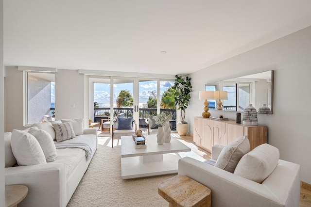 living room featuring a wall of windows