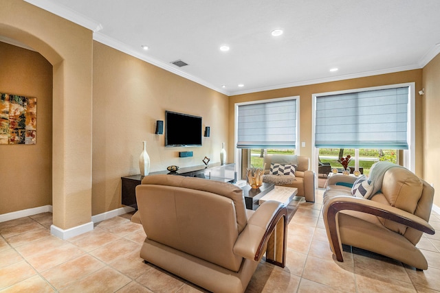 tiled living room with crown molding