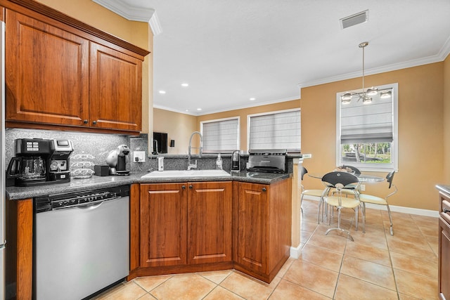 kitchen featuring dishwasher, light tile patterned flooring, ornamental molding, and sink