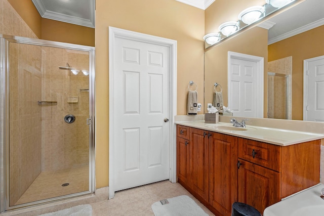 bathroom with tile patterned flooring, vanity, walk in shower, and ornamental molding