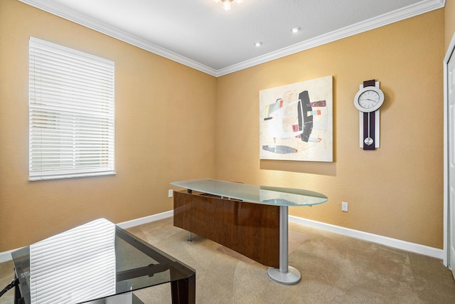 office area with light colored carpet and ornamental molding