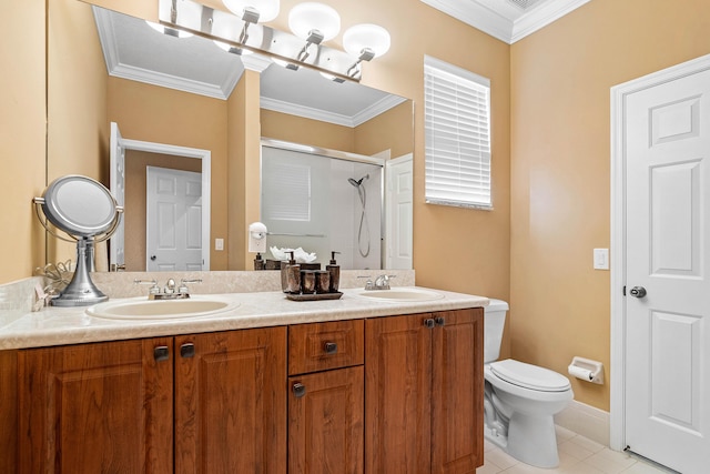 bathroom with crown molding, tile patterned flooring, and an enclosed shower