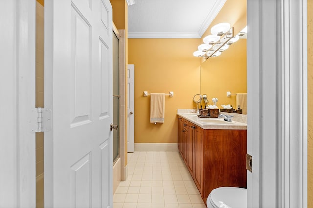 full bathroom with vanity, shower / bath combination with glass door, crown molding, tile patterned flooring, and toilet