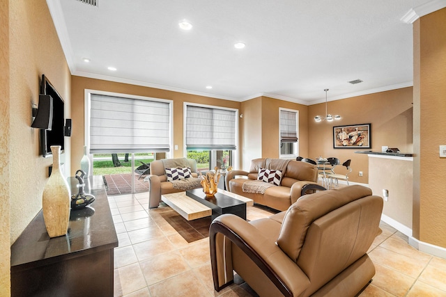 tiled living room featuring a notable chandelier and crown molding