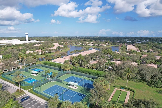 birds eye view of property featuring a water view