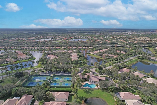 bird's eye view with a water view