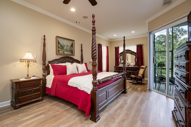 bedroom featuring access to outside, ceiling fan, crown molding, and light hardwood / wood-style floors