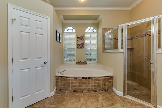 bathroom with plus walk in shower, tile patterned floors, and crown molding