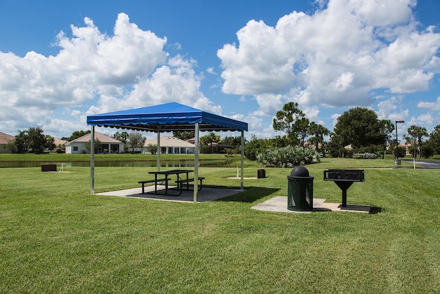 view of community featuring a gazebo and a lawn