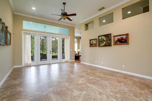 unfurnished living room featuring ceiling fan, crown molding, a high ceiling, and french doors