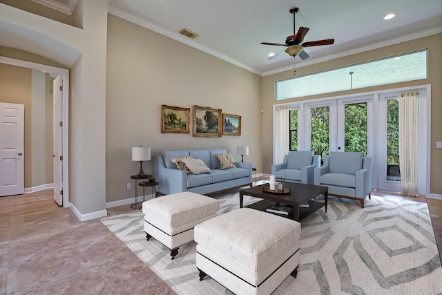 living room featuring ceiling fan, crown molding, and french doors