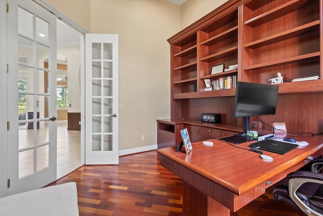 office featuring french doors and dark wood-type flooring