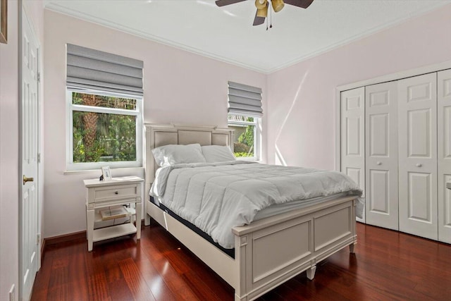 bedroom featuring dark hardwood / wood-style floors, ceiling fan, and crown molding