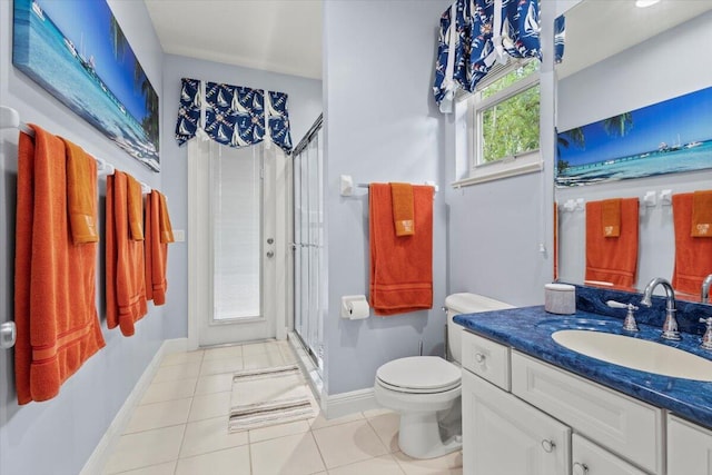 bathroom with tile patterned floors, vanity, walk in shower, and toilet