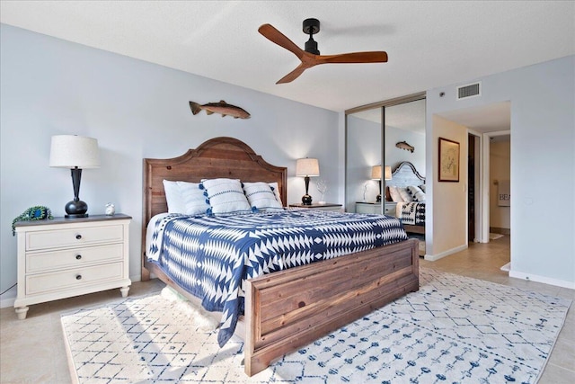 bedroom with ceiling fan and a closet