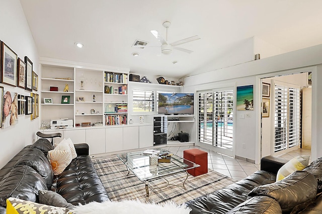 living room featuring lofted ceiling, recessed lighting, visible vents, a ceiling fan, and light tile patterned flooring