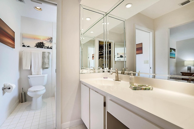 bathroom with recessed lighting, visible vents, toilet, vanity, and tile patterned flooring