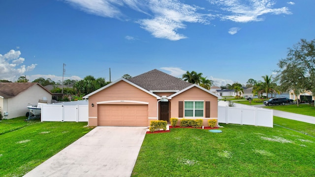 single story home with a front lawn and a garage