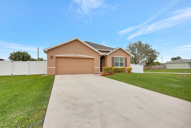 ranch-style house with a garage and a front lawn