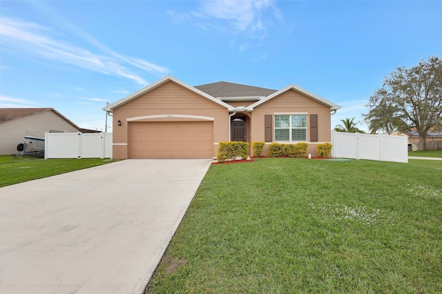 single story home with a front yard and a garage