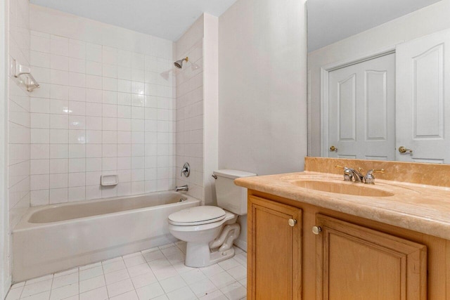 bathroom with toilet, shower / bath combination, tile patterned flooring, and vanity