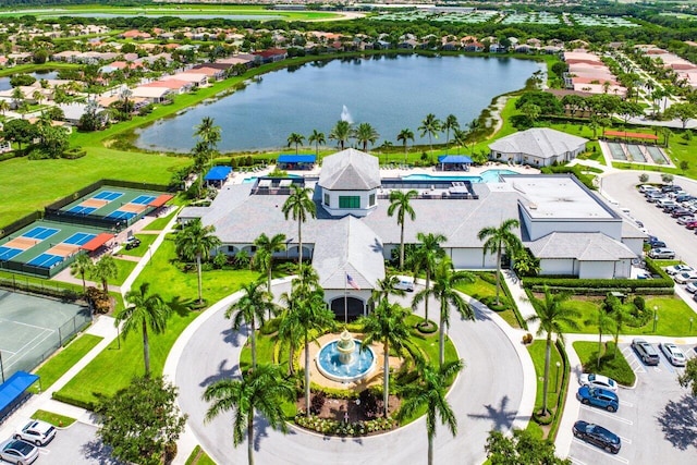 aerial view featuring a residential view and a water view