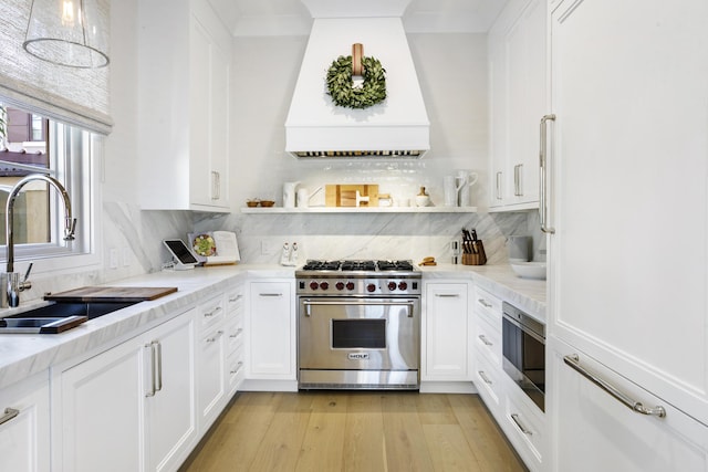 kitchen with white cabinetry, sink, premium range hood, backsplash, and designer range