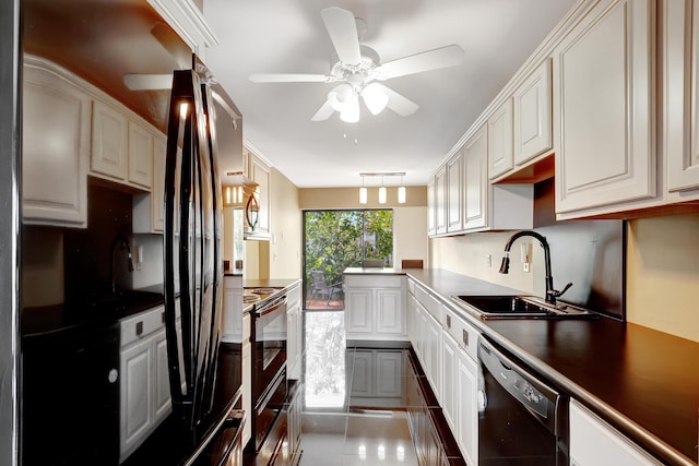 kitchen featuring white cabinetry, sink, ceiling fan, and black appliances