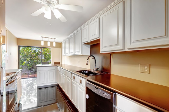 kitchen with sink, range with electric stovetop, dishwasher, ceiling fan, and white cabinets