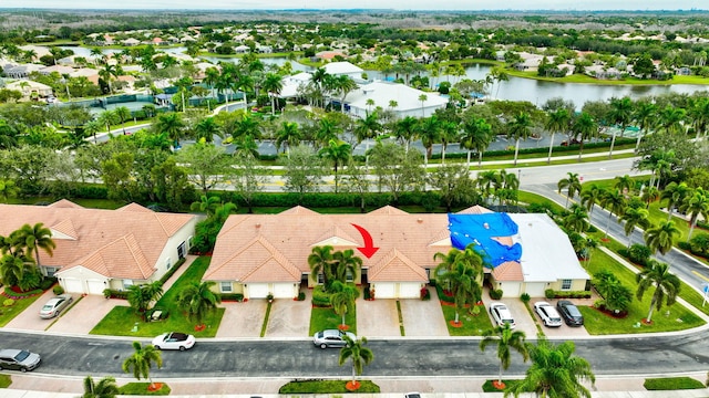 drone / aerial view featuring a water view