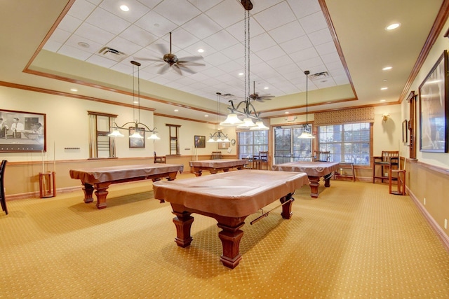 game room featuring crown molding, billiards, ceiling fan, a tray ceiling, and light colored carpet