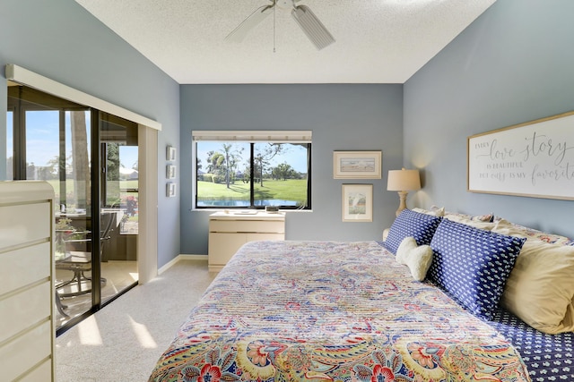 carpeted bedroom with ceiling fan, a textured ceiling, and multiple windows